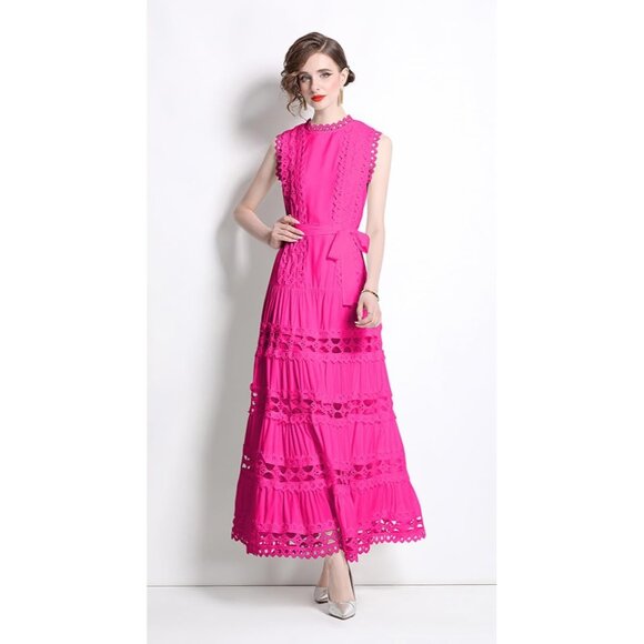 Women Sleeveless Maxi Dress Polyester Hollow Out A-Line Formal Evening - Picture 4 of 5
